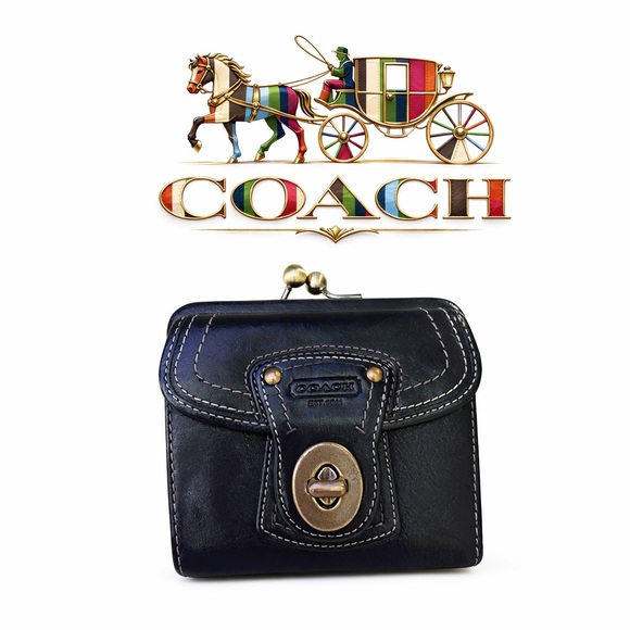 Coach Legacy Black Leather Kiss Lock Wallet – Striped Lining